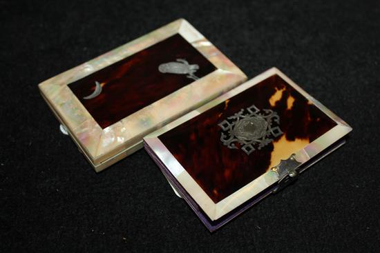 Two tortoiseshell, mother of pearl & white metal card cases, silk-lined divided interiors, one inlaid with owl and moon